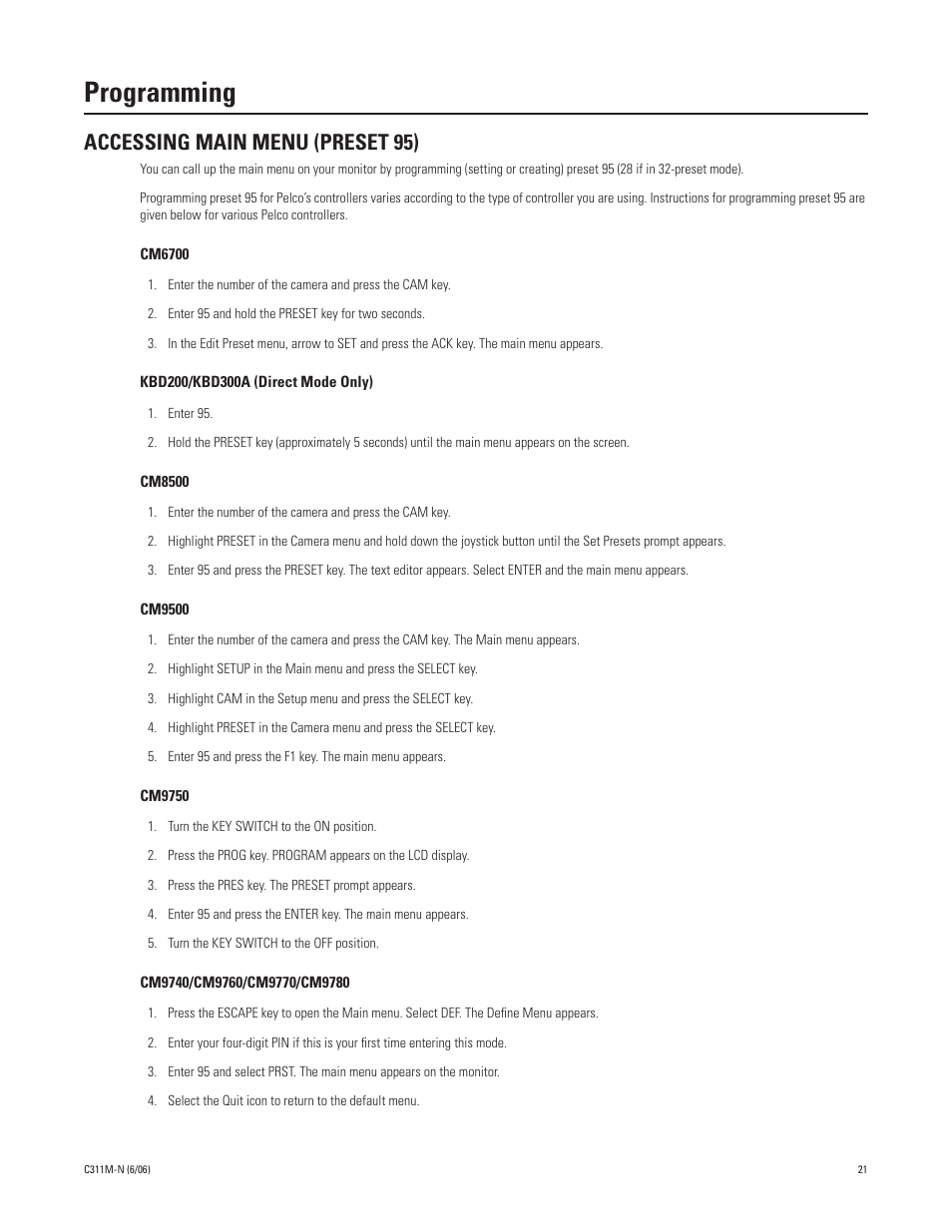 Programming, Accessing main menu (preset 95), In the | Pelco ESPRIT ES30PC User Manual | Page 21 / 70