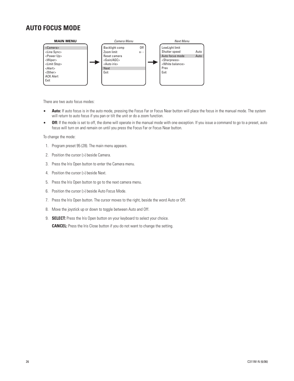 Auto focus mode | Pelco ESPRIT ES30PC User Manual | Page 26 / 70