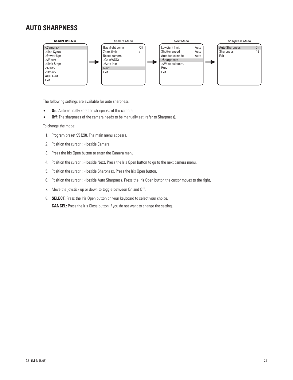 Auto sharpness | Pelco ESPRIT ES30PC User Manual | Page 29 / 70