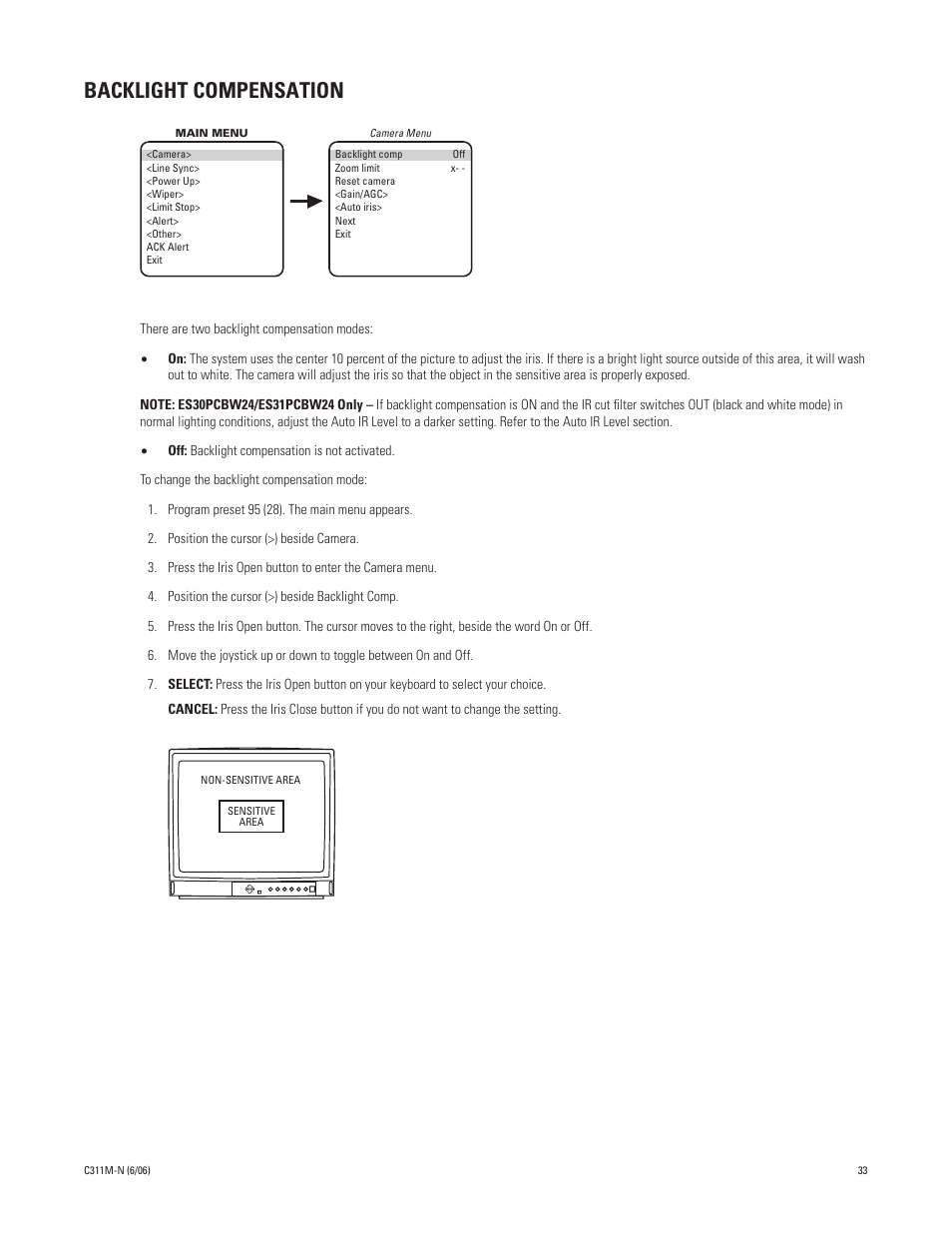 Backlight compensation | Pelco ESPRIT ES30PC User Manual | Page 33 / 70