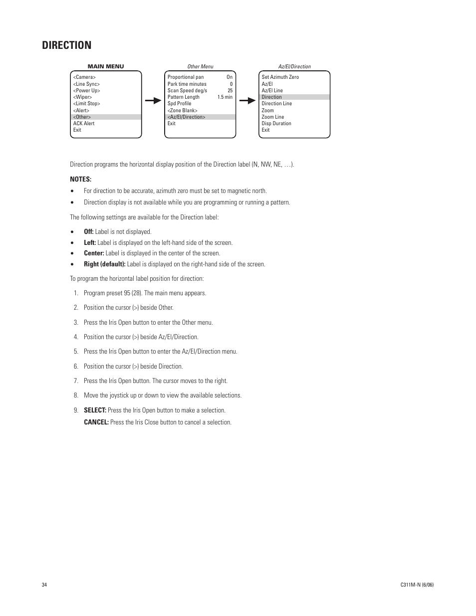 Direction | Pelco ESPRIT ES30PC User Manual | Page 34 / 70