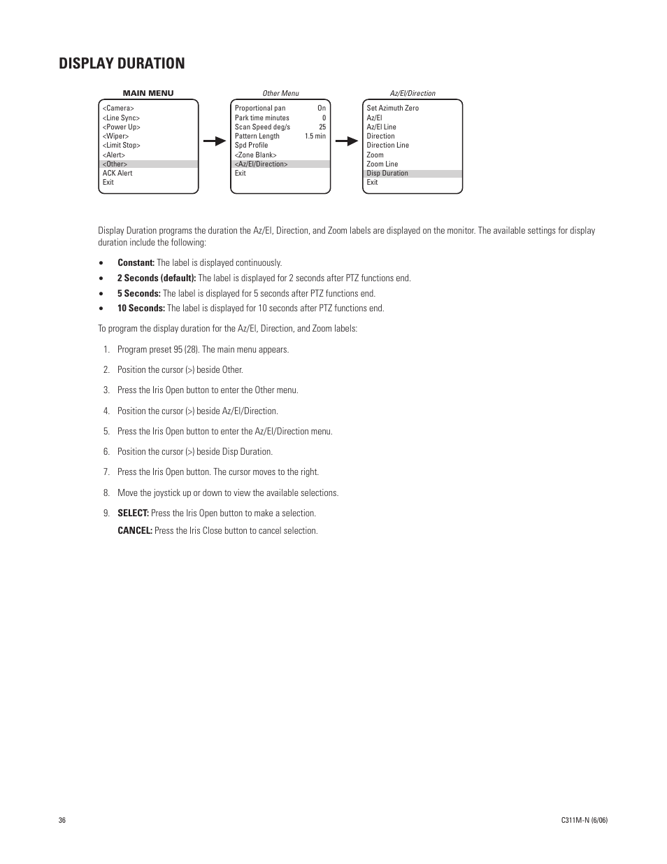 Display duration | Pelco ESPRIT ES30PC User Manual | Page 36 / 70