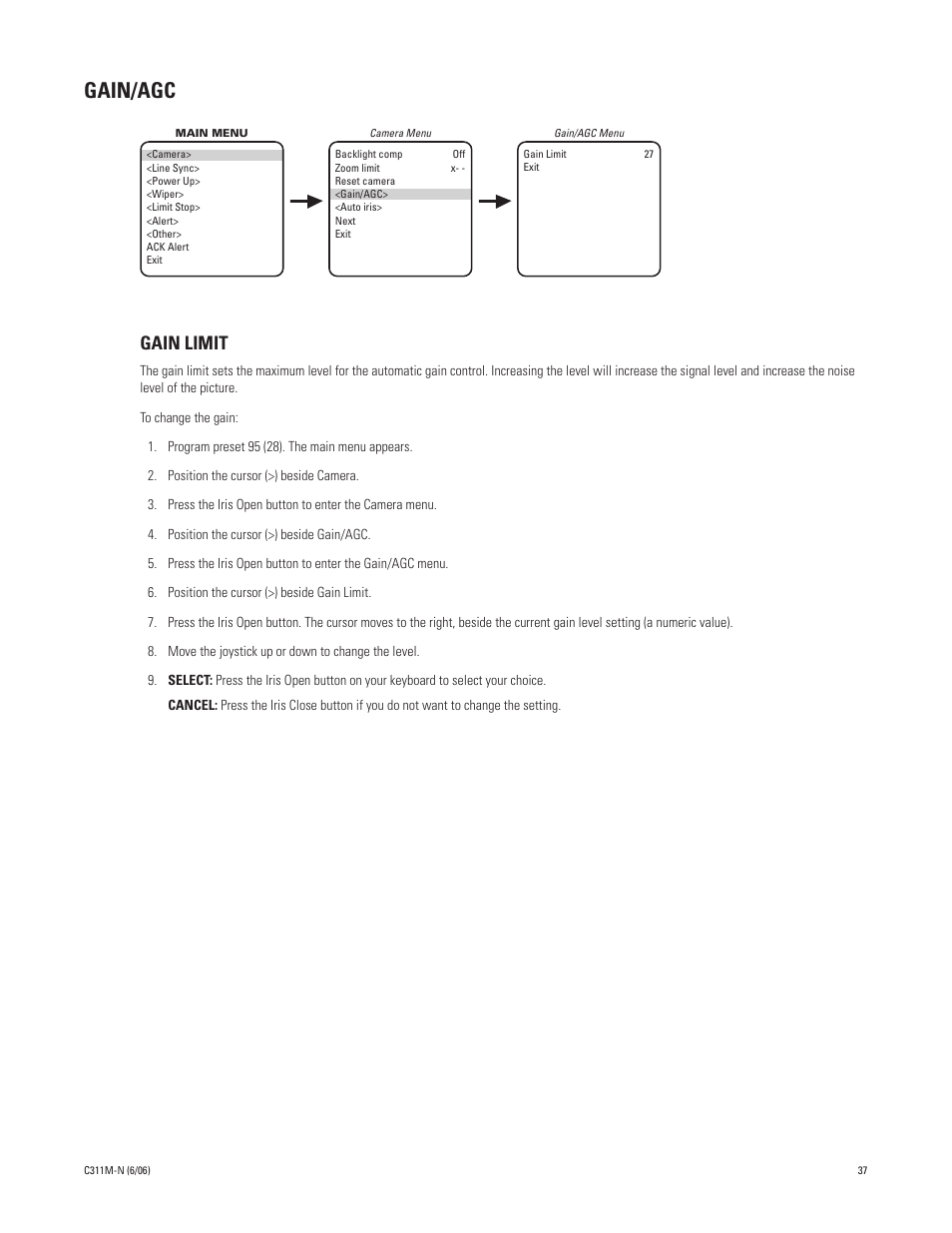 Gain/agc, Gain limit | Pelco ESPRIT ES30PC User Manual | Page 37 / 70