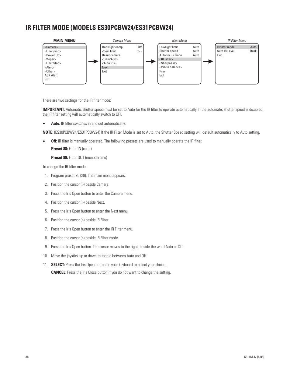 Ir filter mode (models es30pcbw24/es31pcbw24) | Pelco ESPRIT ES30PC User Manual | Page 38 / 70