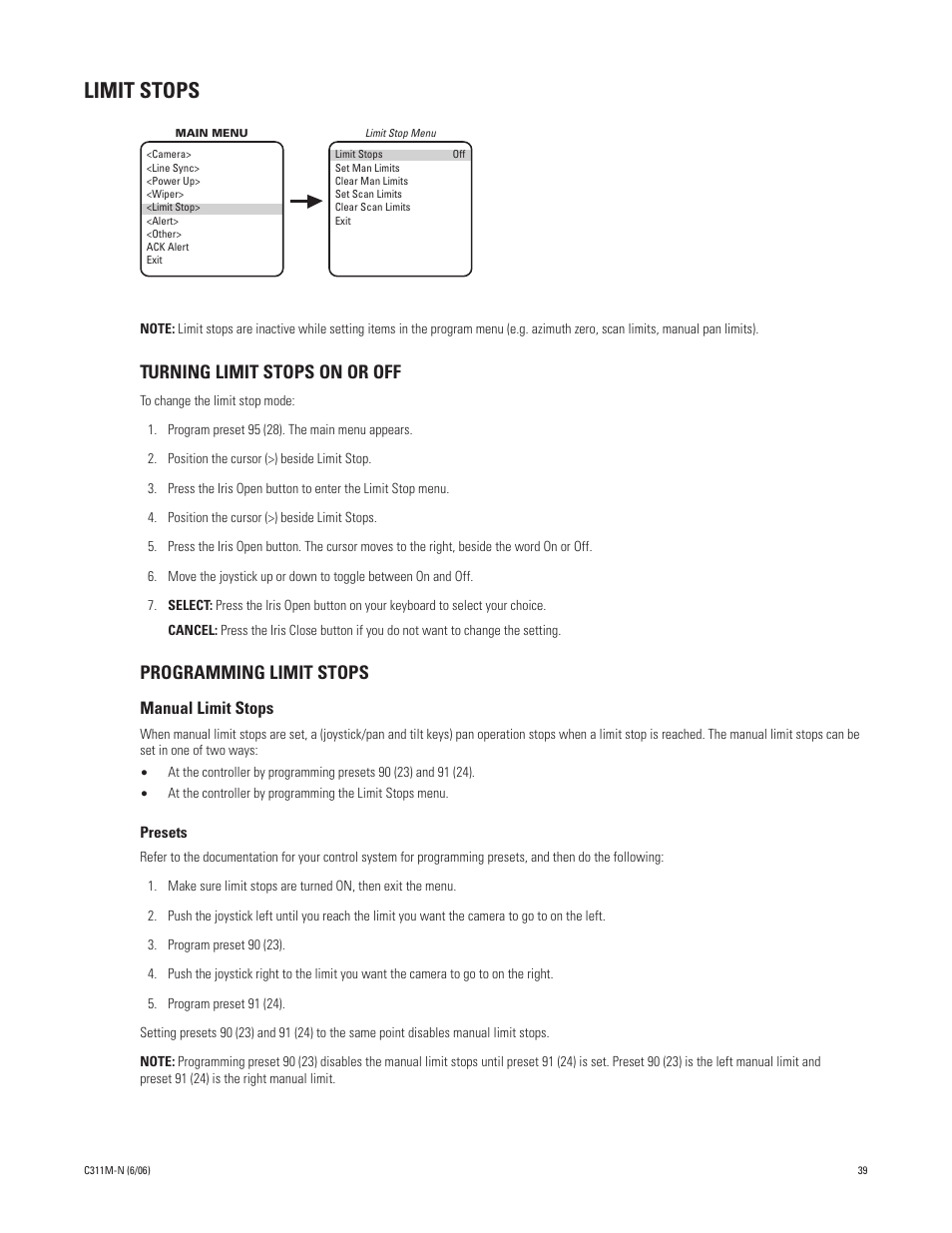 Limit stops, Turning limit stops on or off, Programming limit stops | Pelco ESPRIT ES30PC User Manual | Page 39 / 70
