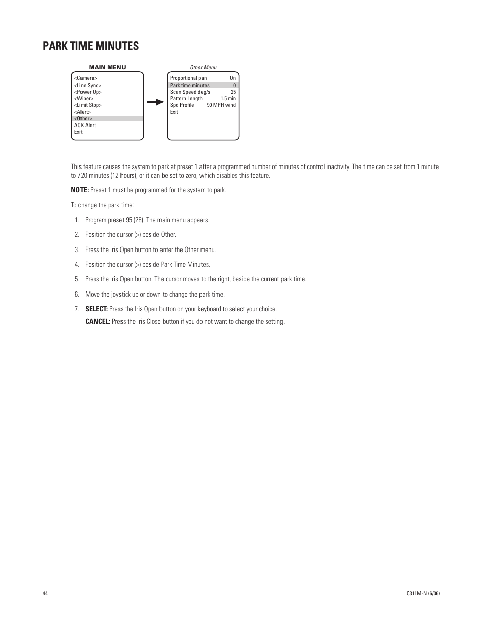 Park time minutes | Pelco ESPRIT ES30PC User Manual | Page 44 / 70