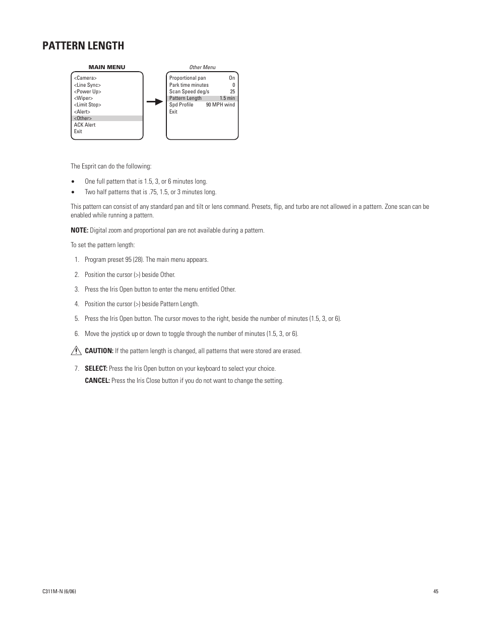 Pattern length | Pelco ESPRIT ES30PC User Manual | Page 45 / 70