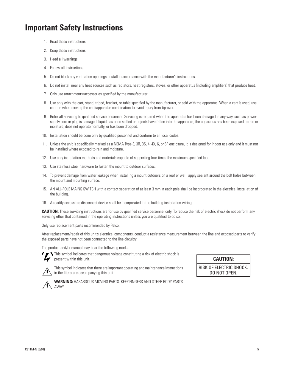 Important safety instructions | Pelco ESPRIT ES30PC User Manual | Page 5 / 70