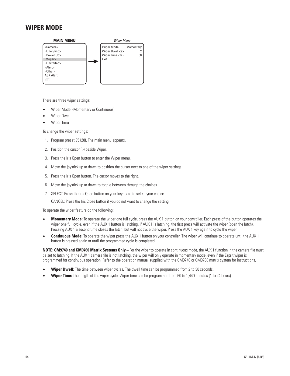Wiper mode | Pelco ESPRIT ES30PC User Manual | Page 54 / 70