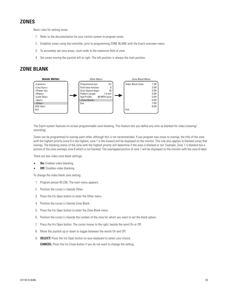 Zones, Zone blank, Zones zone blank | The message, video blank. (refer to | Pelco ESPRIT ES30PC User Manual | Page 55 / 70