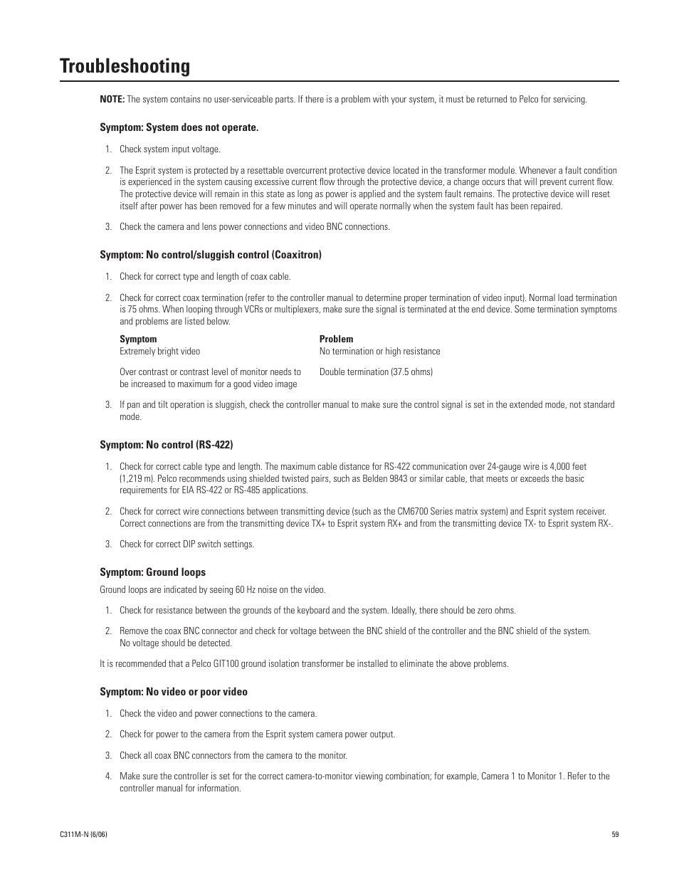 Troubleshooting | Pelco ESPRIT ES30PC User Manual | Page 59 / 70