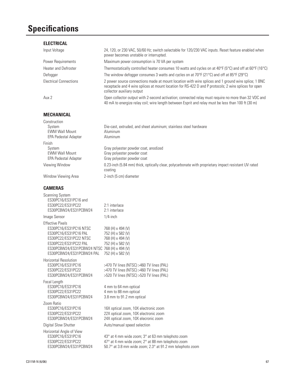 Specifications | Pelco ESPRIT ES30PC User Manual | Page 67 / 70