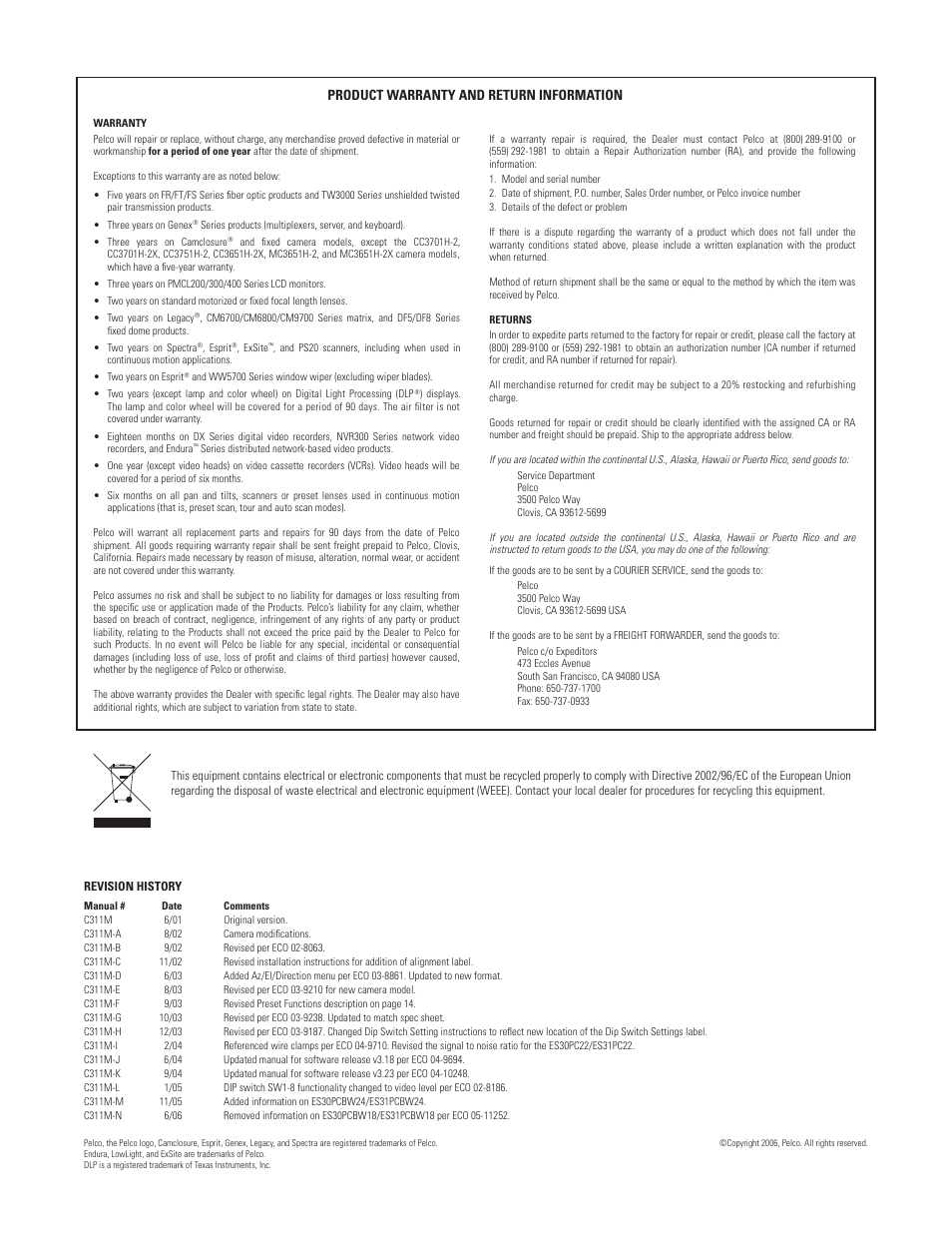 Product warranty and return information | Pelco ESPRIT ES30PC User Manual | Page 69 / 70