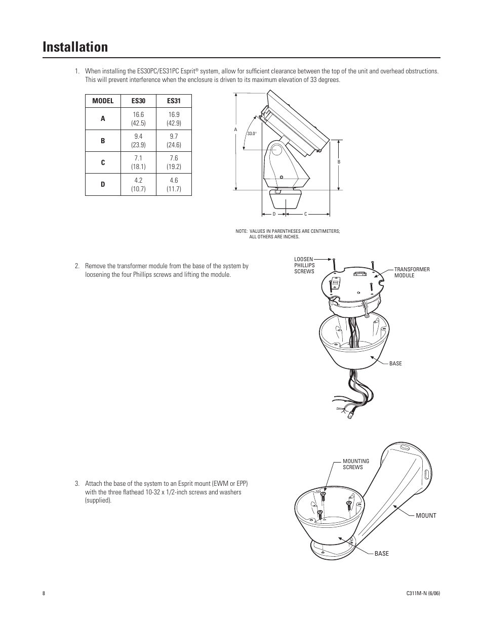 Installation | Pelco ESPRIT ES30PC User Manual | Page 8 / 70