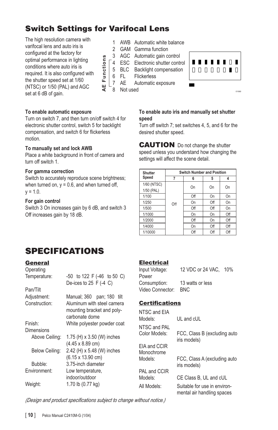 Specifications, Switch settings for varifocal lens, Caution | Pelco CAMCLOSURE C2410M-G User Manual | Page 10 / 12