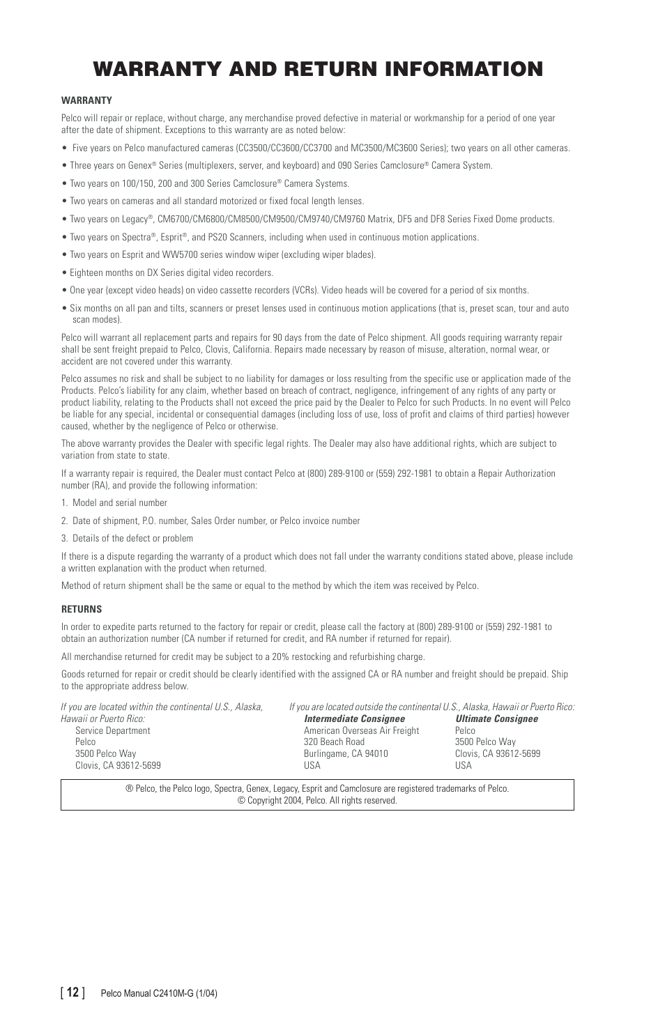 Warranty and return information | Pelco CAMCLOSURE C2410M-G User Manual | Page 12 / 12