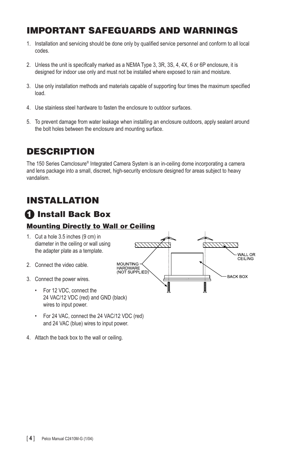 Important safeguards and warnings, Description, Installation | 1install back box | Pelco CAMCLOSURE C2410M-G User Manual | Page 4 / 12