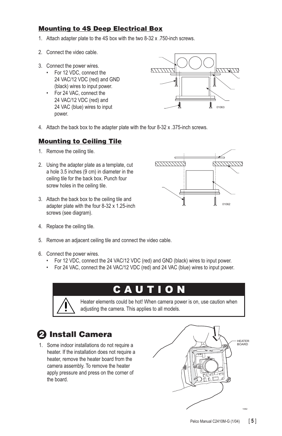 2install camera, Mounting to 4s deep electrical box, Mounting to ceiling tile | Pelco CAMCLOSURE C2410M-G User Manual | Page 5 / 12