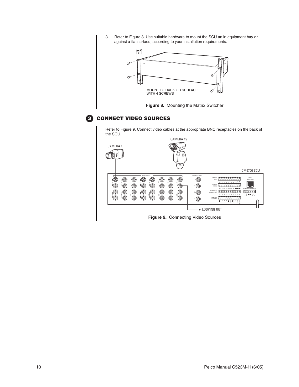 3connect video sources, Figure 8. mounting the matrix switcher, Figure 9. connecting video sources | Cm6700 scu, Mount to rack or surface with 4 screws, Camera 15, Looping out, Camera 1 | Pelco CM6700 User Manual | Page 10 / 44