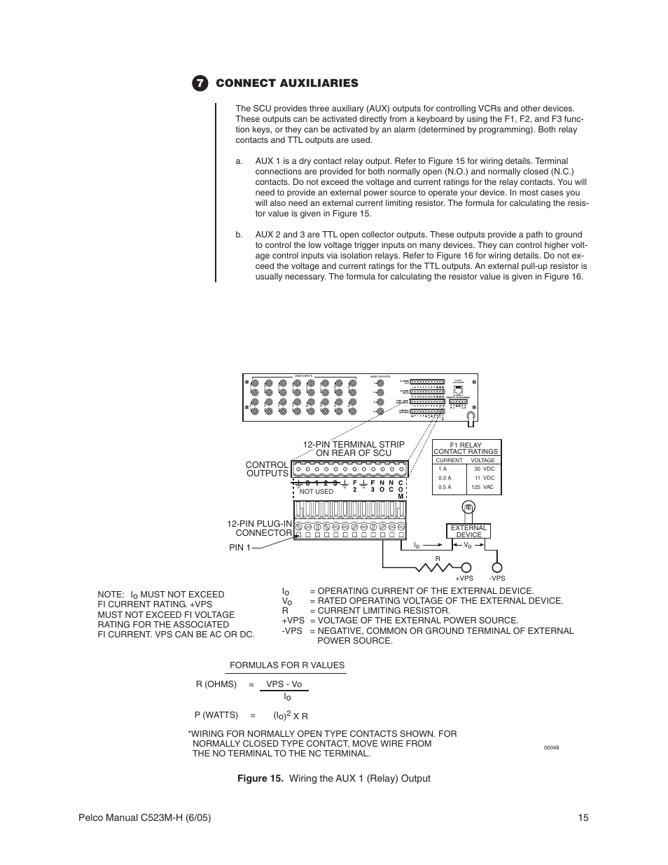 7connect auxiliaries, Figure 15. wiring the aux 1 (relay) output | Pelco CM6700 User Manual | Page 15 / 44