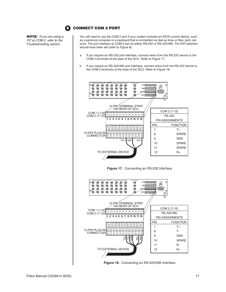 8connect com 2 port, If you are using a pc at com 2, refer to the, Troubleshooting | Pelco CM6700 User Manual | Page 17 / 44