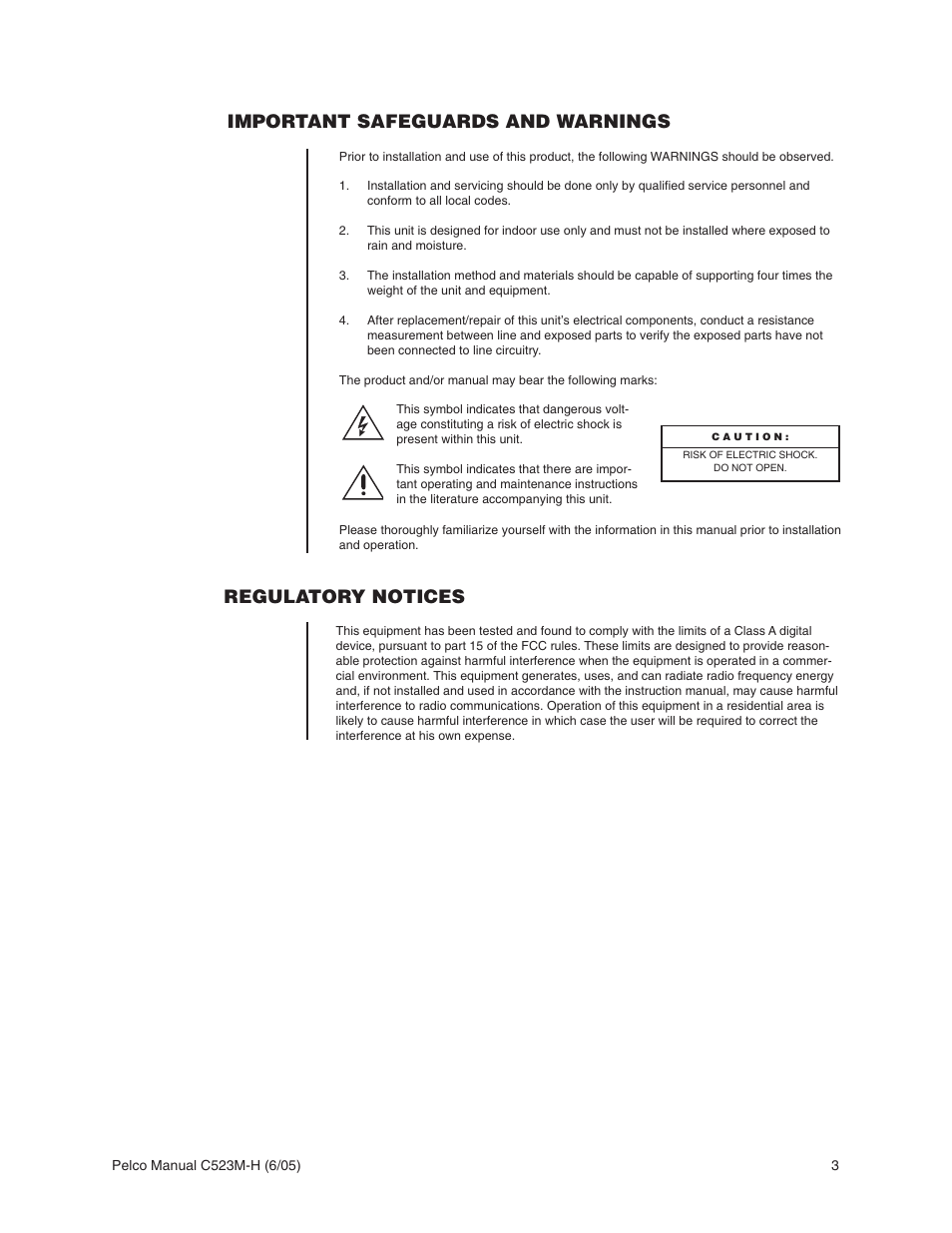 Important safeguards and warnings, Regulatory notices | Pelco CM6700 User Manual | Page 3 / 44