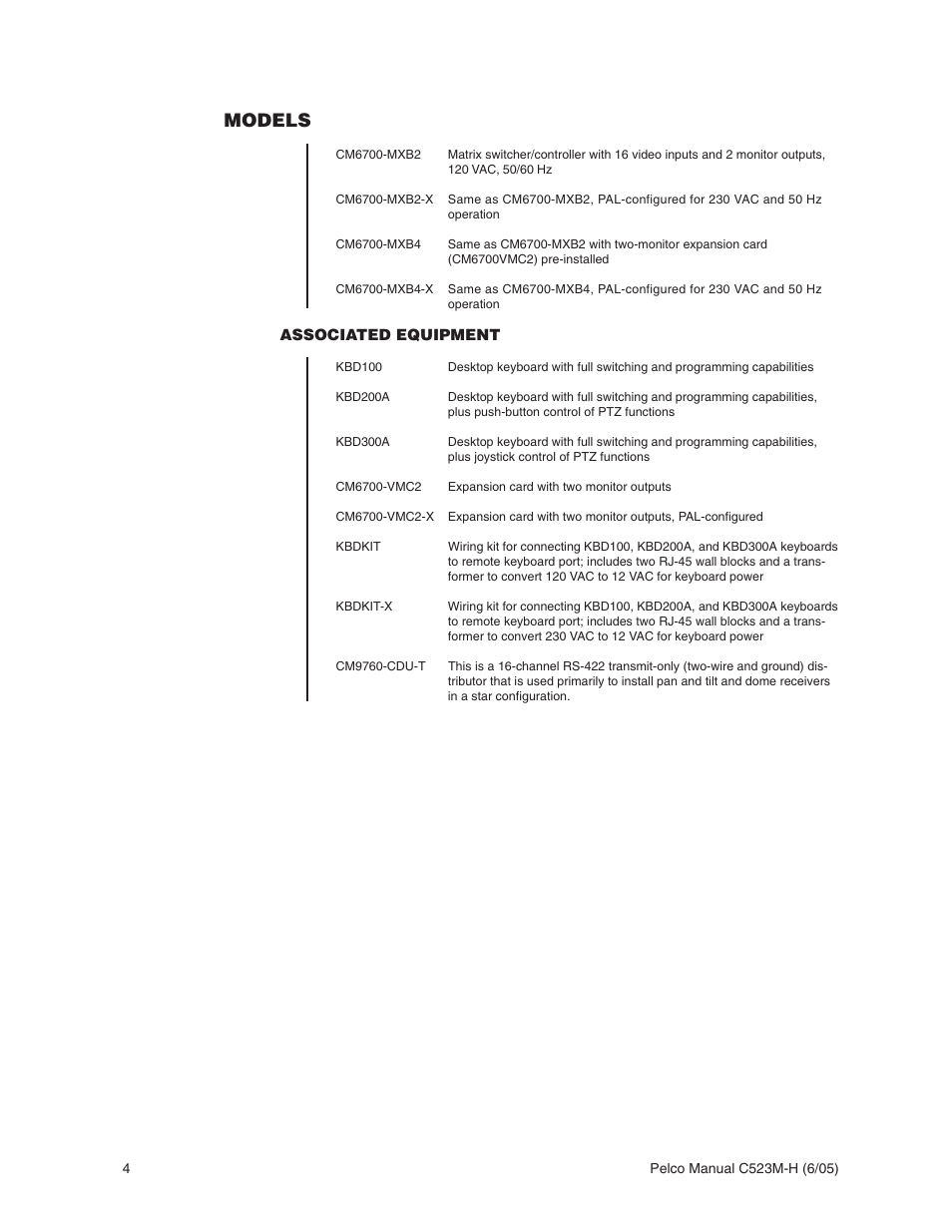Models | Pelco CM6700 User Manual | Page 4 / 44