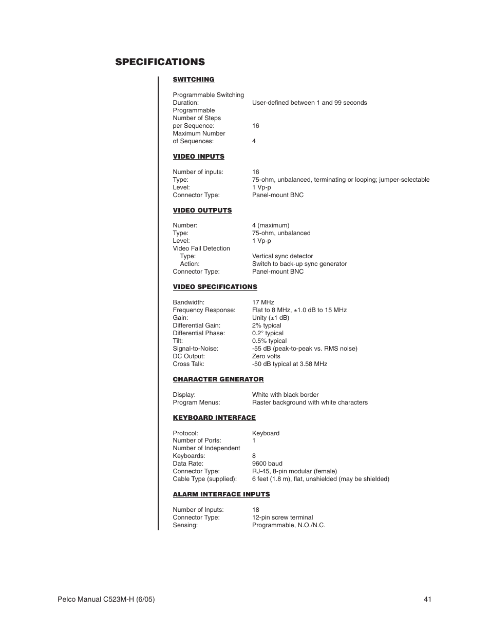 Specifications | Pelco CM6700 User Manual | Page 41 / 44