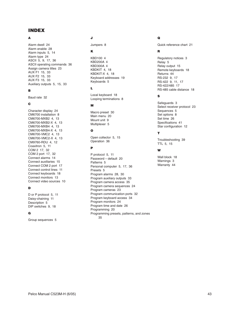 Index | Pelco CM6700 User Manual | Page 43 / 44