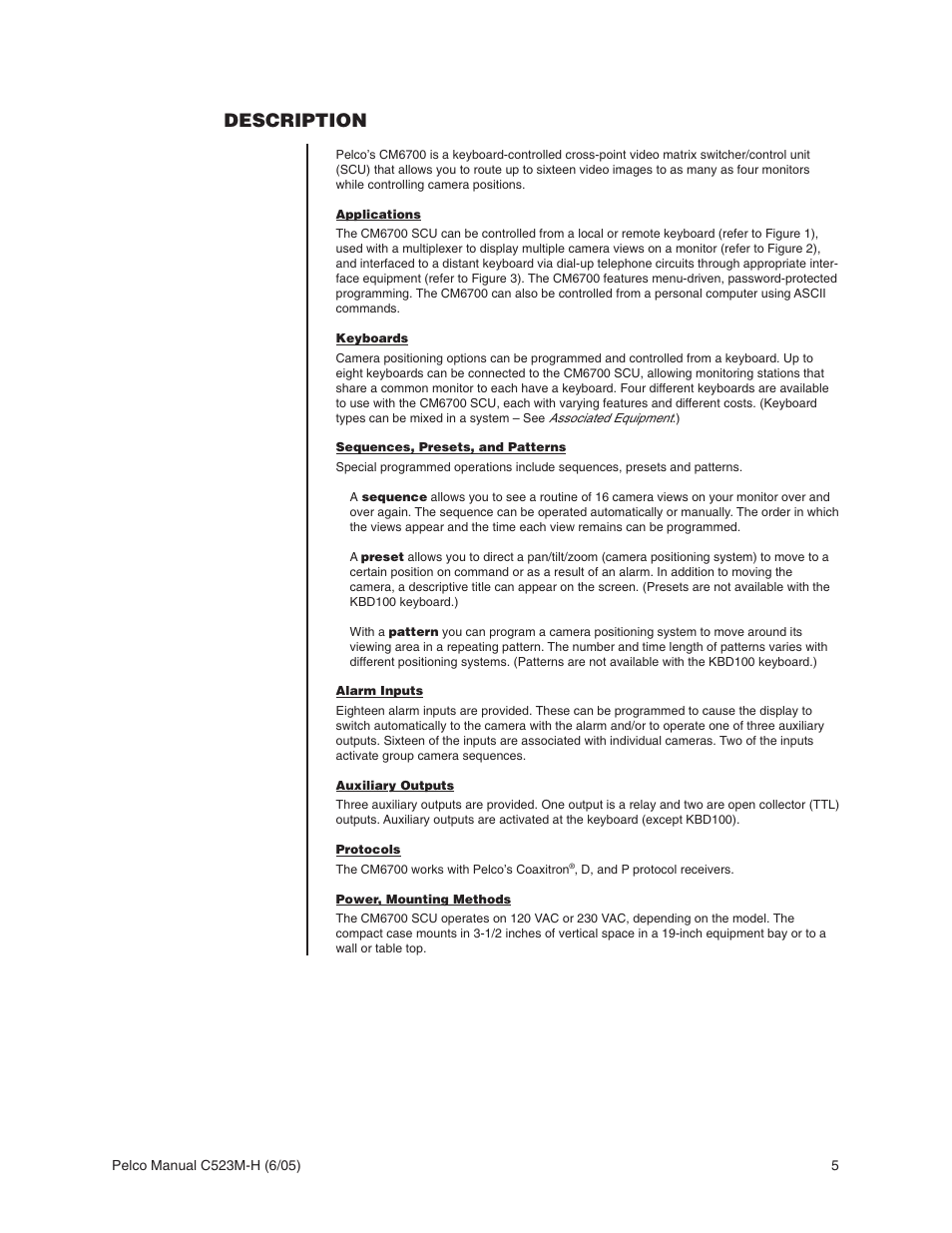 Description | Pelco CM6700 User Manual | Page 5 / 44