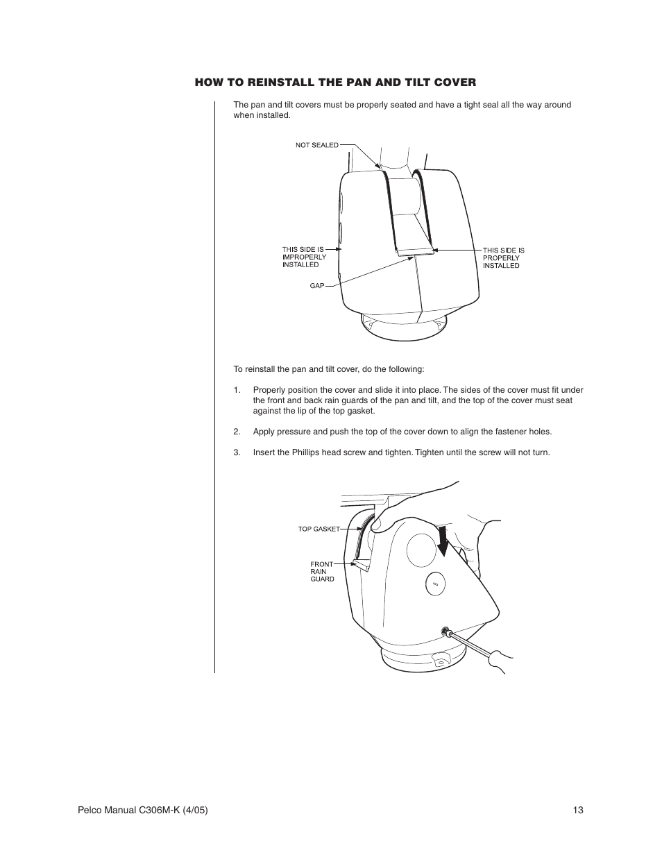 How to reinstall the pan and tilt cover | Pelco ESPRIT ES3012 User Manual | Page 13 / 40