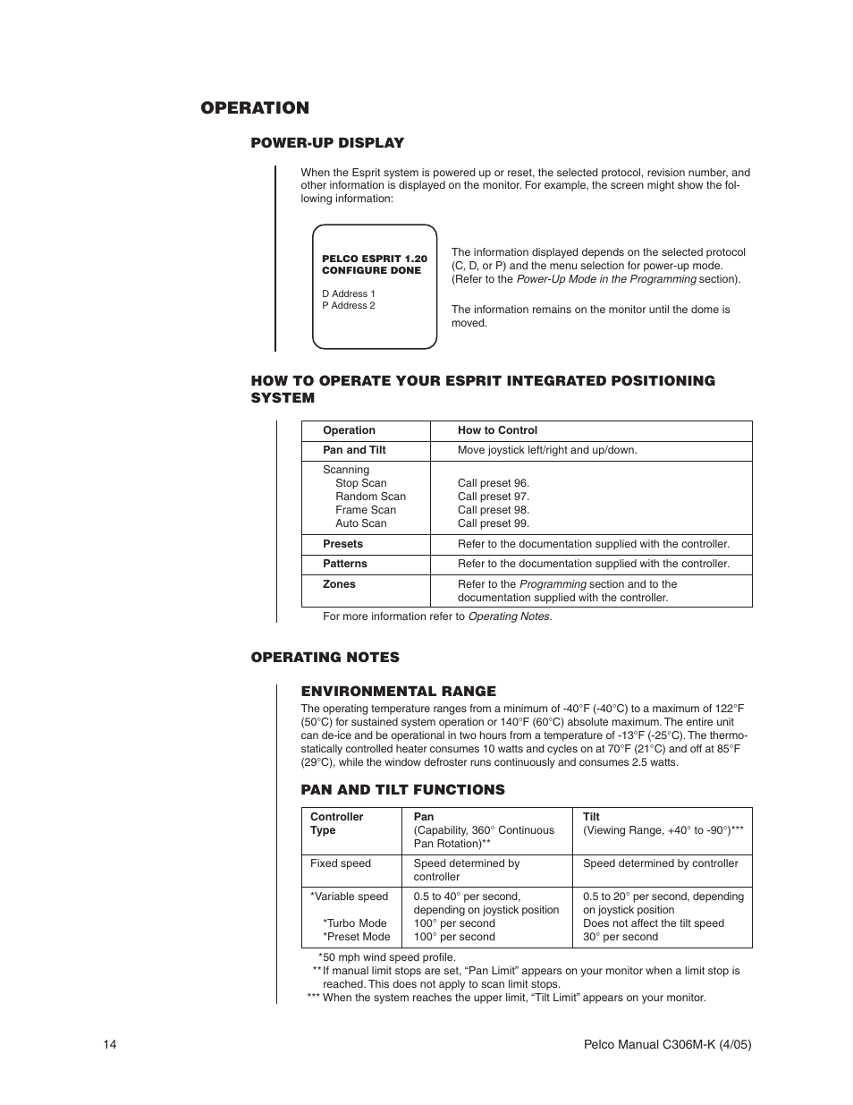 Operation, Power-up display, Operating notes | Environmental range, Pan and tilt functions | Pelco ESPRIT ES3012 User Manual | Page 14 / 40