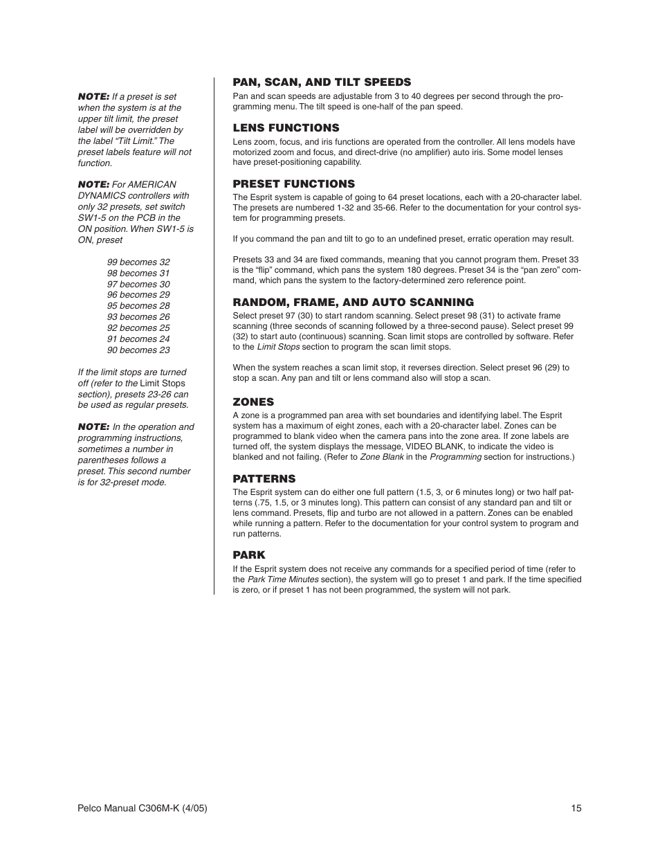 Pan, scan, and tilt speeds, Lens functions, Preset functions | Random, frame, and auto scanning, Zones, Patterns, Park | Pelco ESPRIT ES3012 User Manual | Page 15 / 40