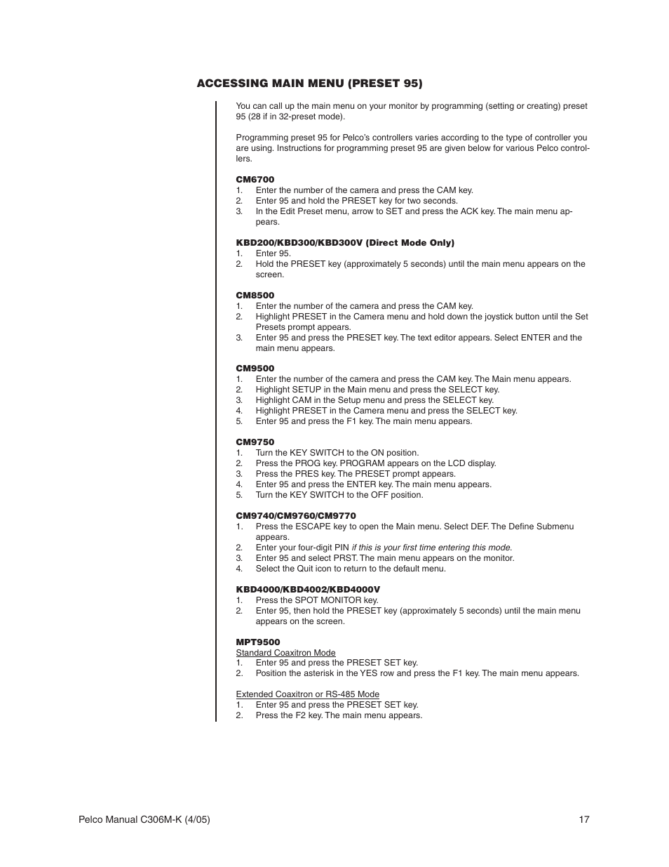 Accessing main menu (preset 95) | Pelco ESPRIT ES3012 User Manual | Page 17 / 40