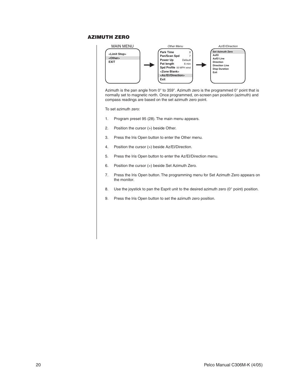 Azimuth zero | Pelco ESPRIT ES3012 User Manual | Page 20 / 40