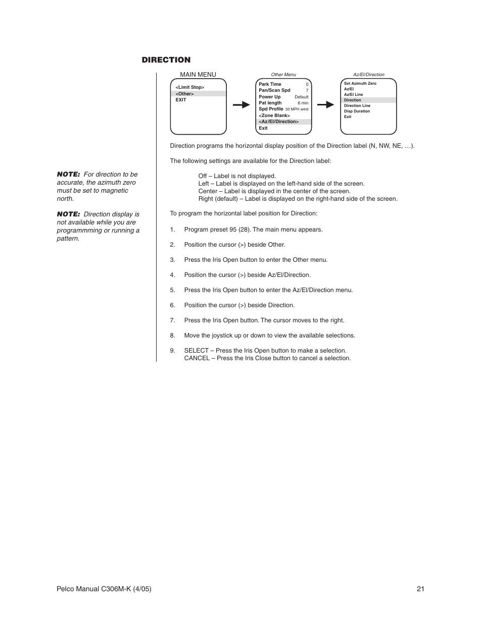 Direction | Pelco ESPRIT ES3012 User Manual | Page 21 / 40