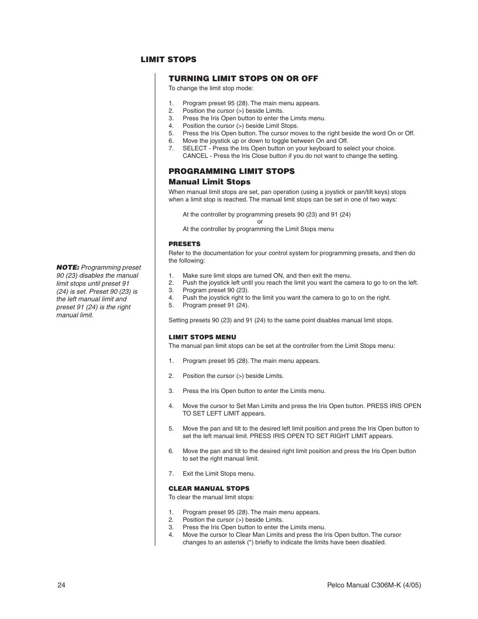 Limit stops, Turning limit stops on or off, Programming limit stops | Manual limit stops, Presets, Limit stops menu, Clear manual stops | Pelco ESPRIT ES3012 User Manual | Page 24 / 40