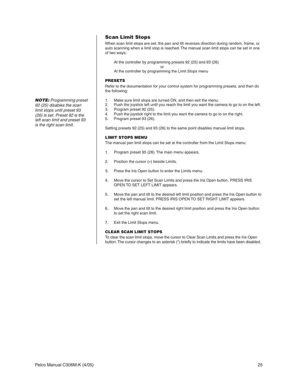 Scan limit stops, Presets, Limit stops menu | Clear scan limit stops | Pelco ESPRIT ES3012 User Manual | Page 25 / 40
