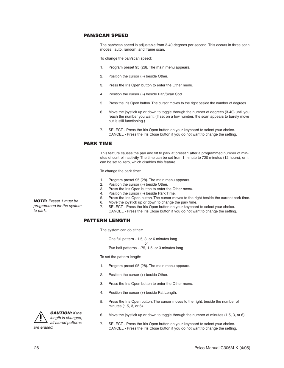 Pan/scan speed, Park time, Pattern length | Pelco ESPRIT ES3012 User Manual | Page 26 / 40