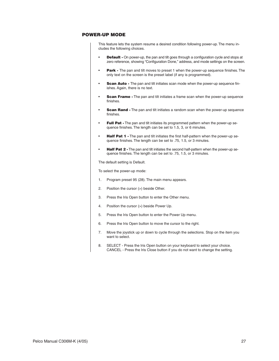 Power-up mode | Pelco ESPRIT ES3012 User Manual | Page 27 / 40