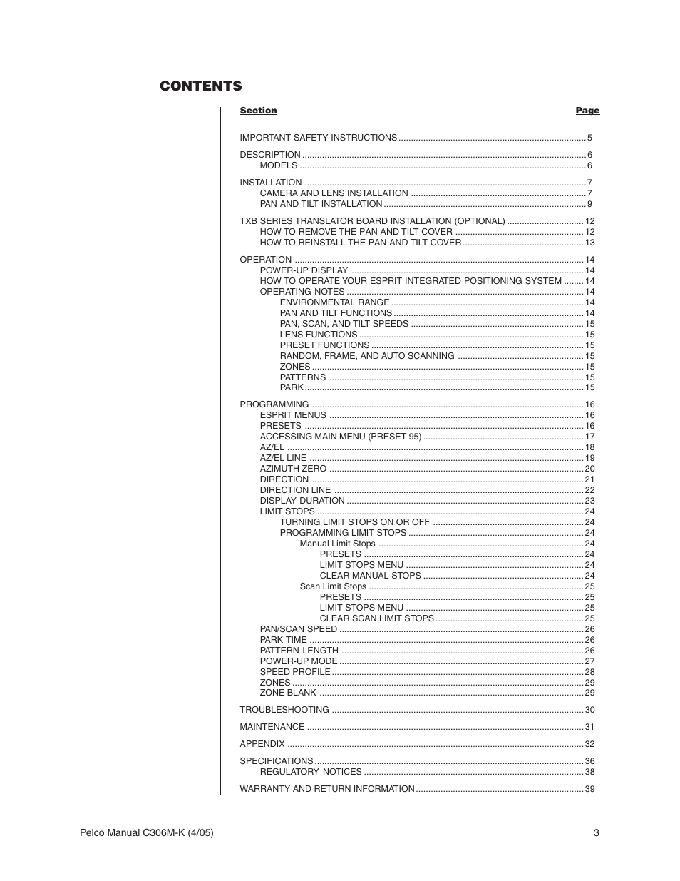 Pelco ESPRIT ES3012 User Manual | Page 3 / 40