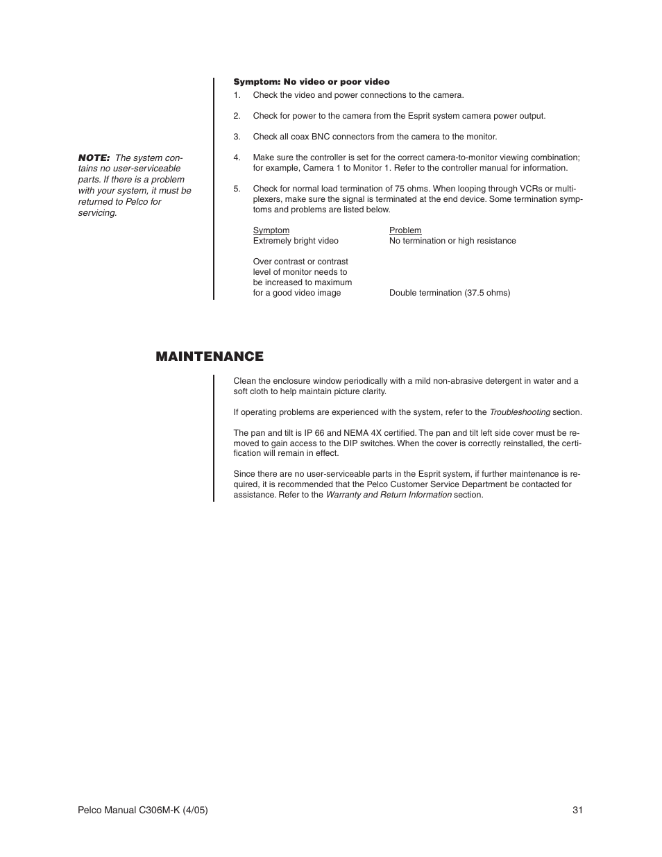 Maintenance | Pelco ESPRIT ES3012 User Manual | Page 31 / 40
