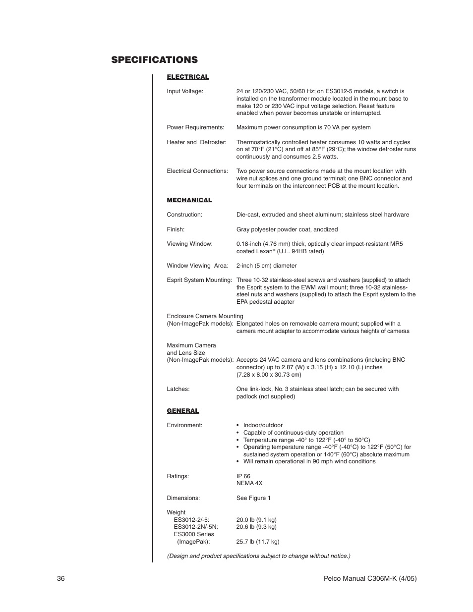 Specifications | Pelco ESPRIT ES3012 User Manual | Page 36 / 40