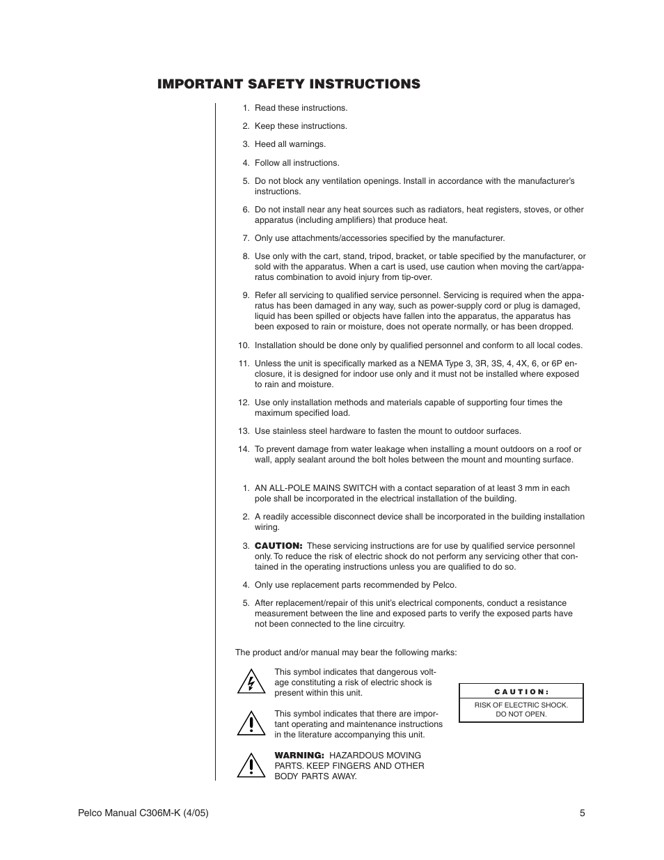 Important safety instructions | Pelco ESPRIT ES3012 User Manual | Page 5 / 40
