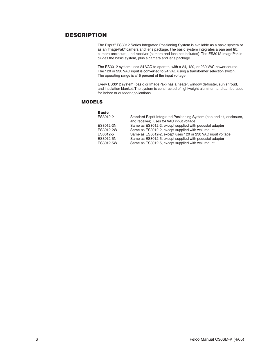 Description, Models | Pelco ESPRIT ES3012 User Manual | Page 6 / 40