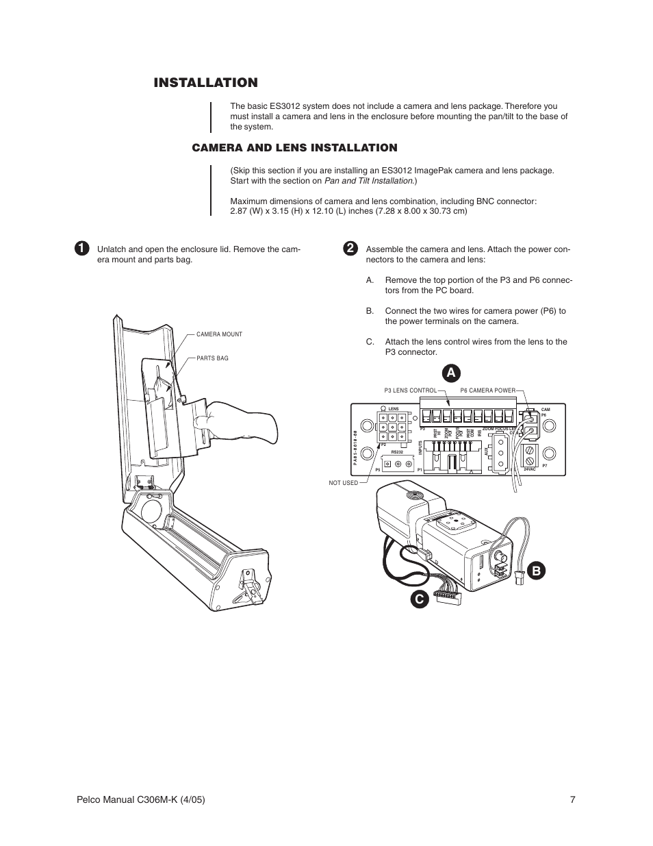 Installation, Camera and lens installation, Ab c 1 | Pelco ESPRIT ES3012 User Manual | Page 7 / 40