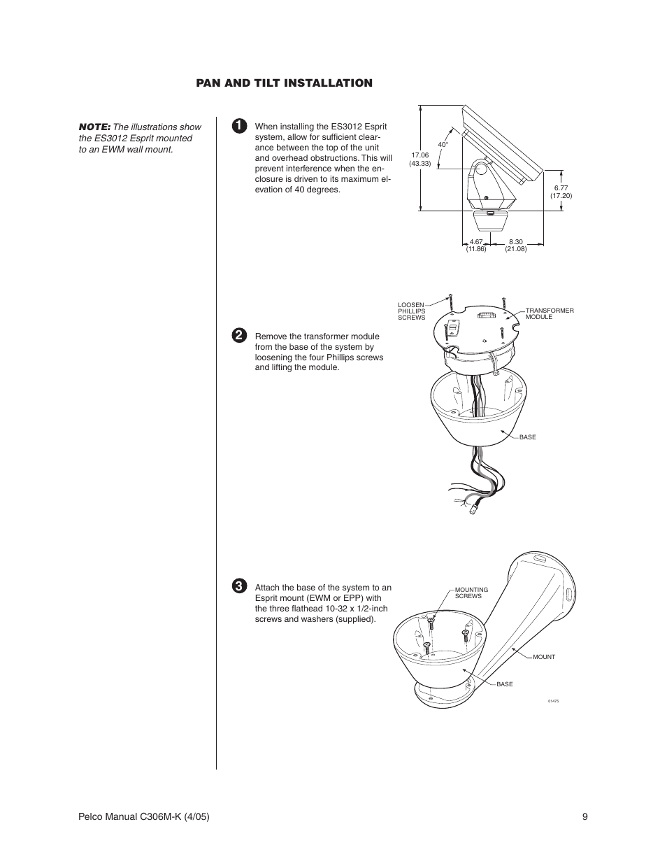 Pan and tilt installation | Pelco ESPRIT ES3012 User Manual | Page 9 / 40