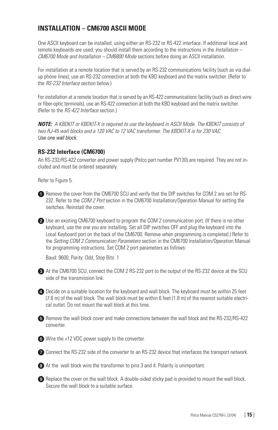 Installation – cm6700 ascii mode | Pelco Universal Keyboard KBD300A User Manual | Page 15 / 40