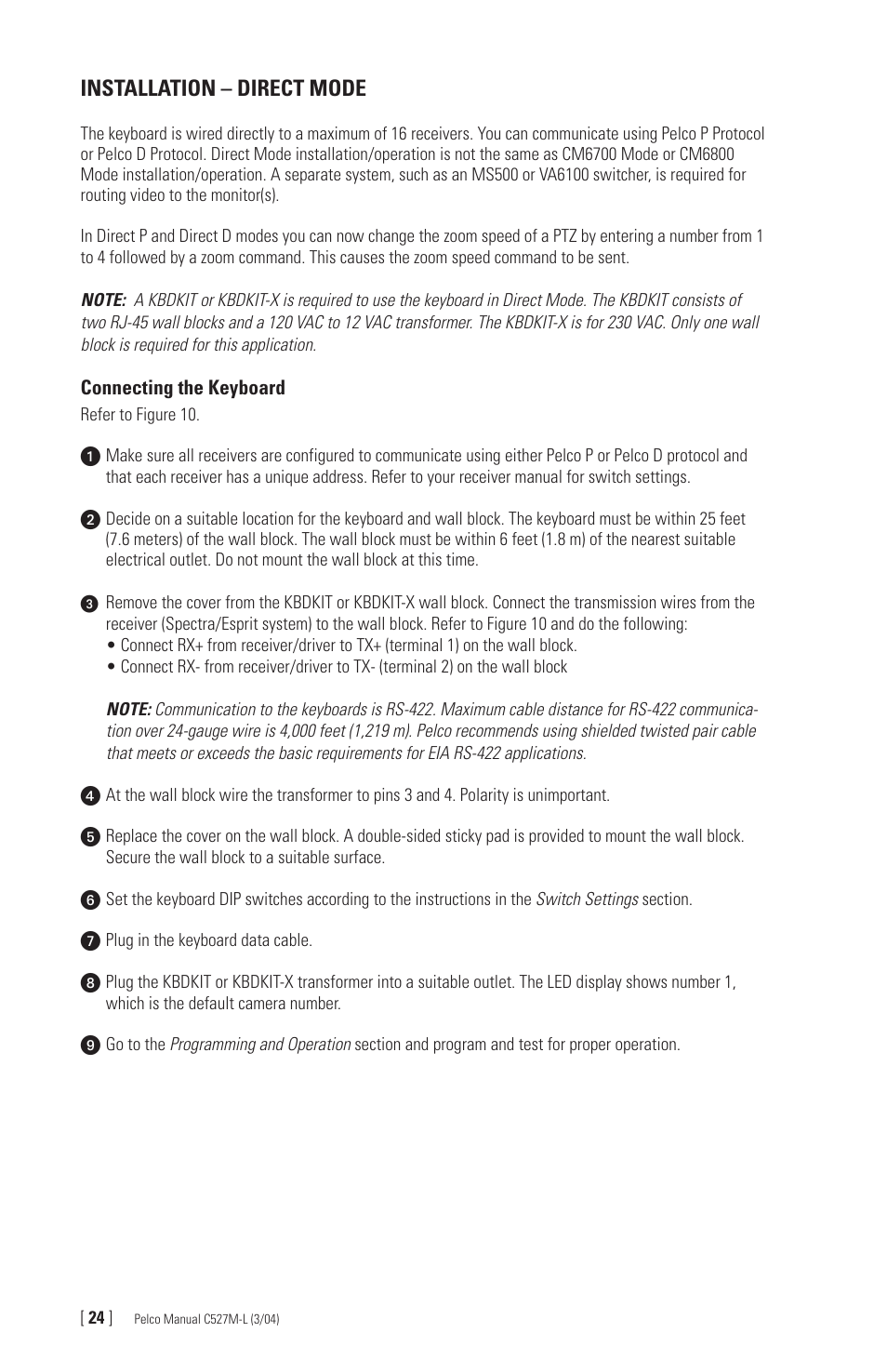 Installation – direct mode | Pelco Universal Keyboard KBD300A User Manual | Page 24 / 40
