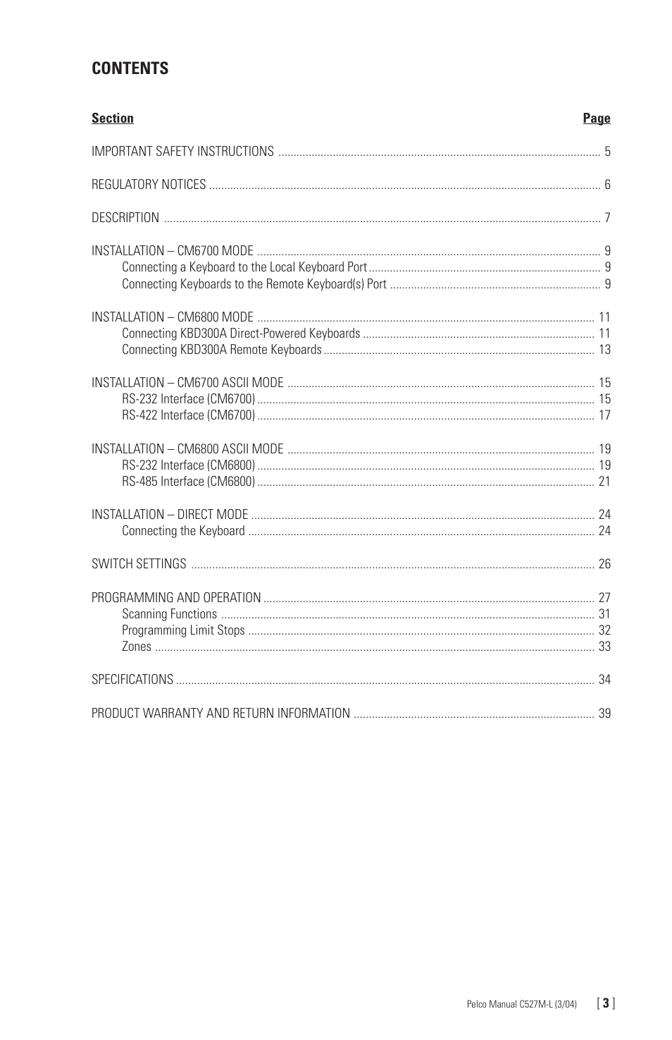 Pelco Universal Keyboard KBD300A User Manual | Page 3 / 40